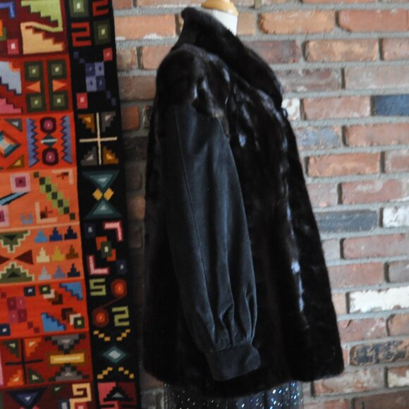 MINK Paw FUR Sable Black Brown Suede Leather Sleeves Car Coat Jacket - Picture 4 of 12